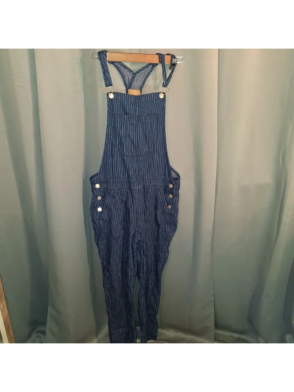 American Eagle Medium Blue Pinstripe Denim Overalls